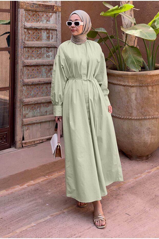Gathered Collar Poplin Dress Light Green