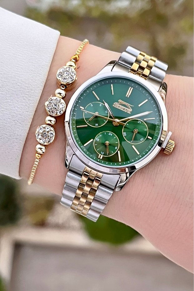Dial Green Korodnu Gold Metallic Color Women's Wrist Watch and Bracelet