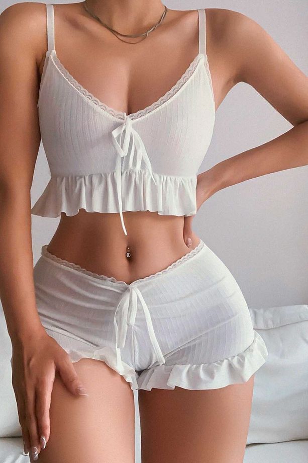 Özel Örme Kumaş Askılı Şortlu Pijama Takımı - 3