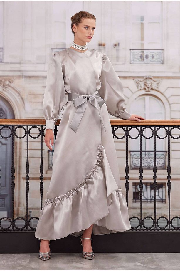 Fırfırlı Tafta Kaftan Koyu Taş - 3
