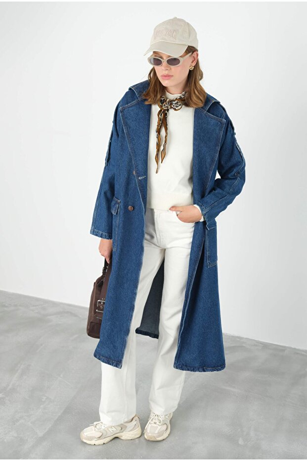 Denim Trençkot Uzun Mavi - 4