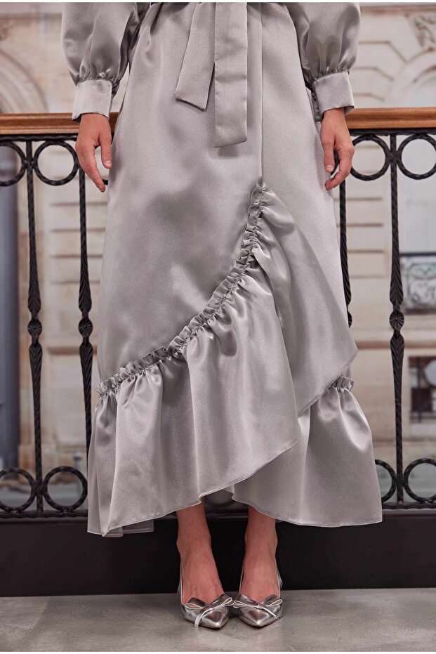 Fırfırlı Tafta Kaftan Açık Gri - 7