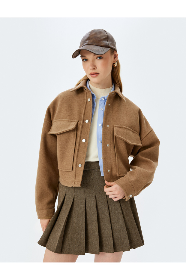 Shirt Collar Snap Button Pocket Detailed Textured Shacket