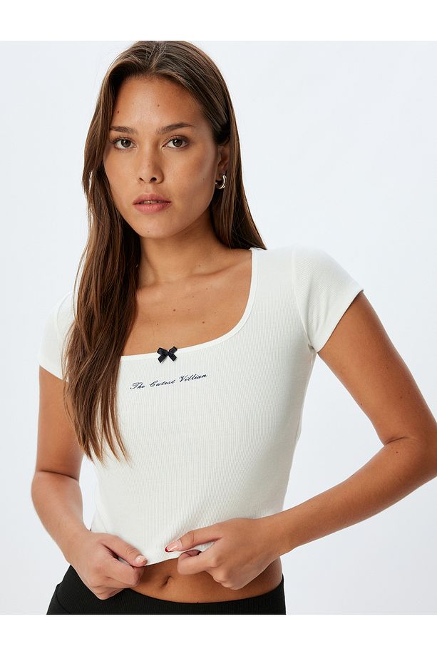 Örme Crop Pijama Üstü Kısa Kollu U Yaka Baskı Detaylı Pamuklu - 1