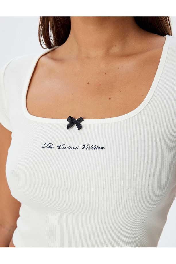 Örme Crop Pijama Üstü Kısa Kollu U Yaka Baskı Detaylı Pamuklu - 5