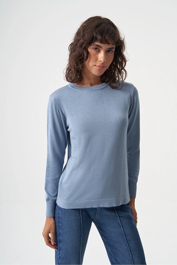 Basic o Yaka Viskon Akrilik Bebe Mavi Triko - 2