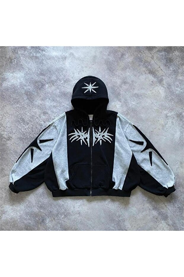 Black Shape Gray Melange Raglan Piece Zippered Crop Hooded Sweatshirt
