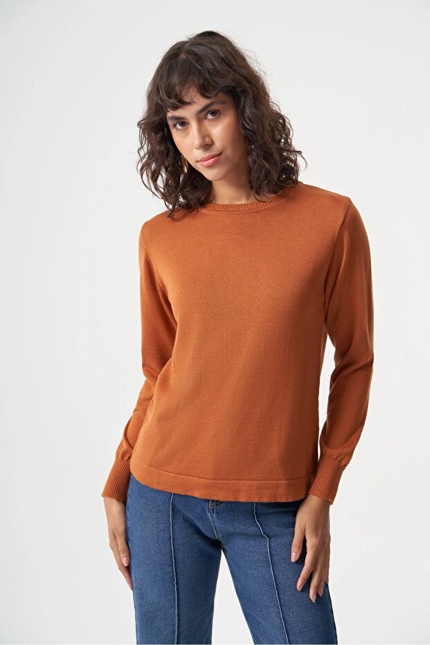 Basic o Yaka Viskon Akrilik Taba Triko - 1