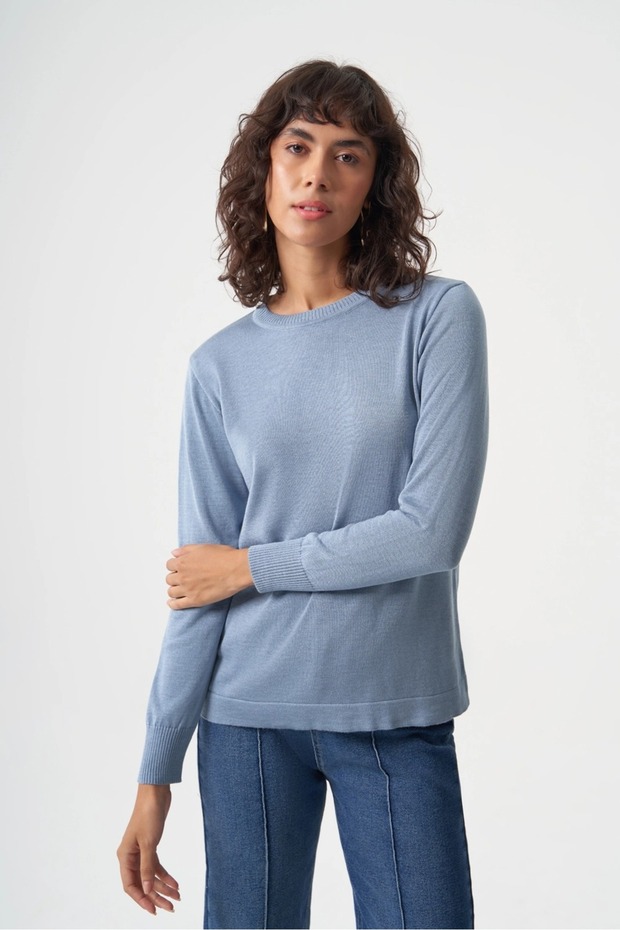 Basic o Yaka Viskon Akrilik Bebe Mavi Triko - 3