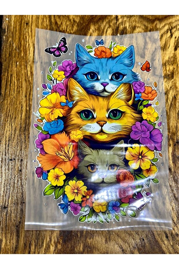 29X19 cm Ironed Triple Cat Flowered Transfer Print Arma