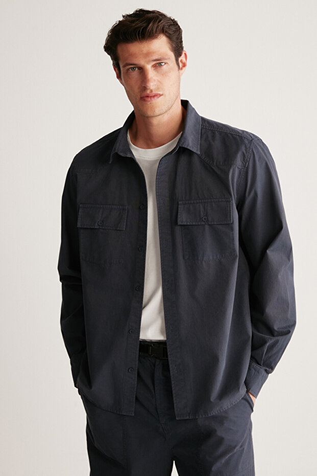 Kelvin Men's Thick Textured Technical Appearance Navy Blue Shirt with Flap Pockets