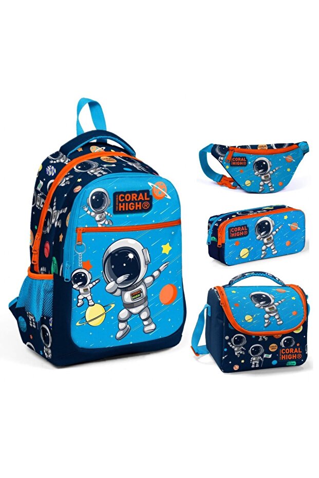 Navy Blue Astronaut Triple School Bag and Waist Bag Set - Boy