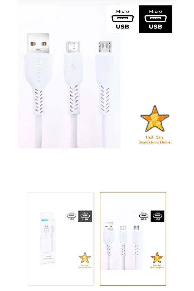 E-Tech Etech DK-010 3.0A 30W Micro USB Data Kablosu - 1