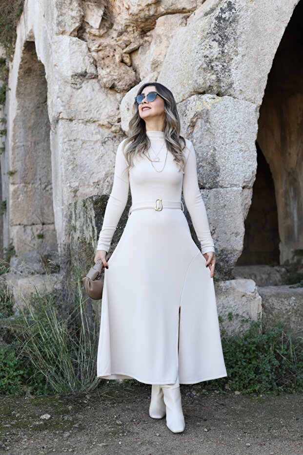 Beige Ribbed Belt Detail Front Slit Dress