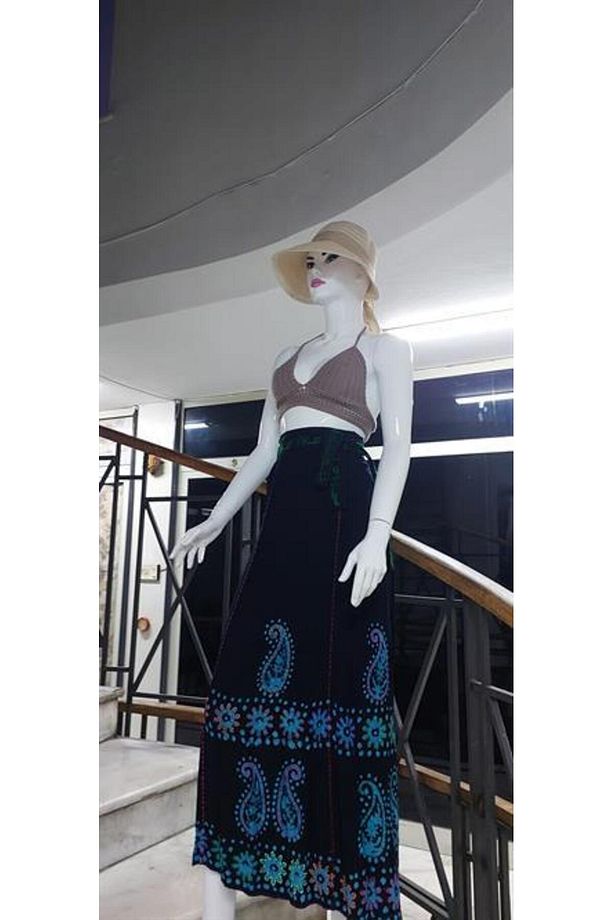 Hint Batik Çiçek Desenli Ve Işlemeli Uzun Hint Anvelop Etek - 4