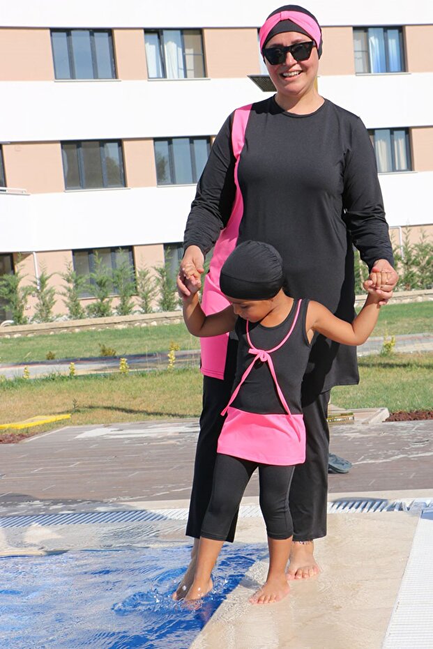 1705-1 Children's Swimsuit Set-Highlighter Pink-Black