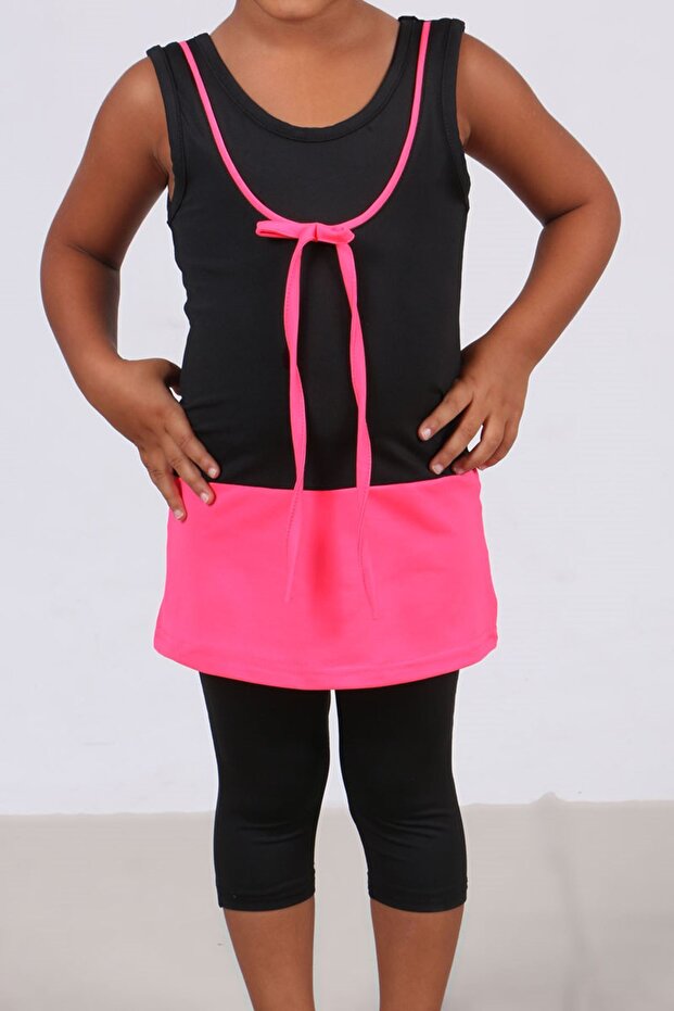 1705-1 Children's Swimsuit Set-Black-Phosphorescent Pink