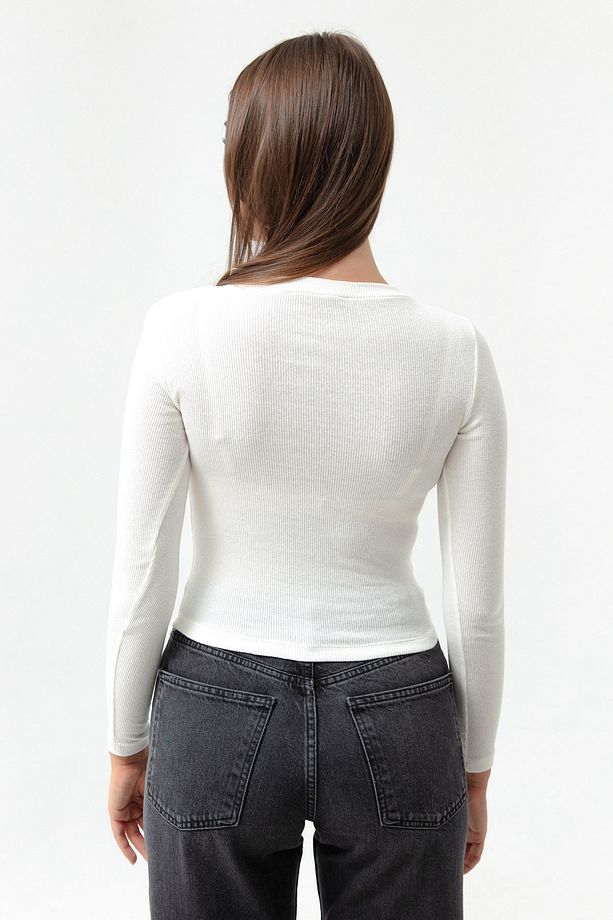 Kadın Ekru Fitilli Uzun Kollu Crop Bluz - 5