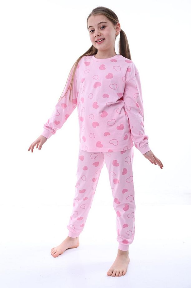 %100 Pamuk Kalp Desenli Uzun Kollu Kız Çocuk Pijama Takımı (3,4,5,6,7,8,9,10,11,12,13 YAŞ) - 2