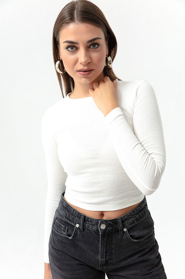Kadın Ekru Fitilli Uzun Kollu Crop Bluz - 1