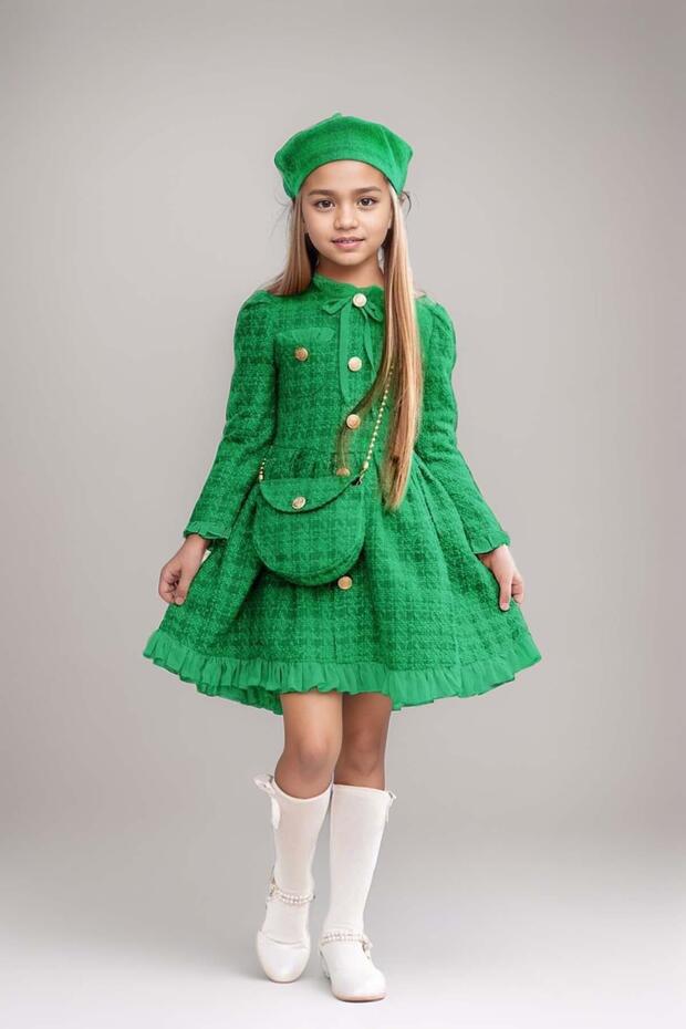 Girl's Green Knitwear Dress with Gold Button Detail and Ruffled Hemline