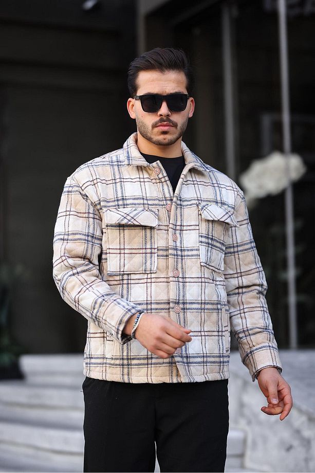 Bej Ekru Ekose Kapitone Detaylı Regular Fit Ceket-2454 - 4