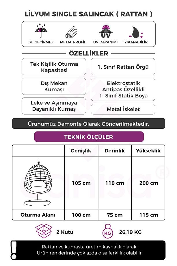 Lilyum Serisi Tekli Gri Rattan Örgü Antrasit Minder Salıncak - 5