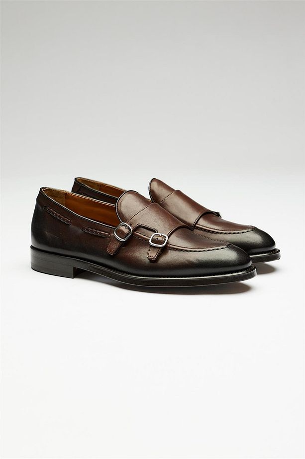 Kahverengi Double Monk Deri Loafer - 4