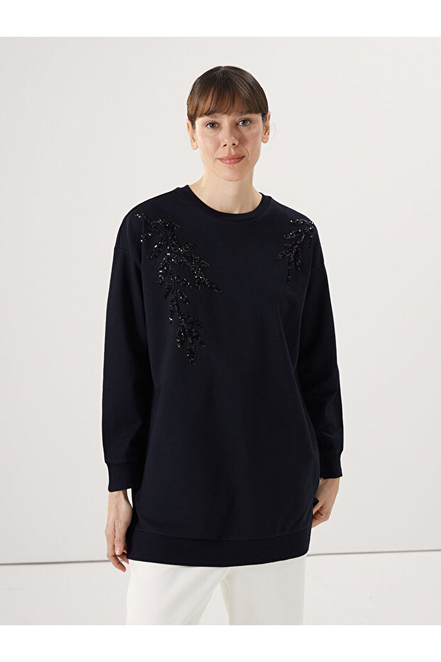 Lcw Bisiklet Yaka Pul Işlemeli Oversize Kadın Sweatshirt Tunik - 1