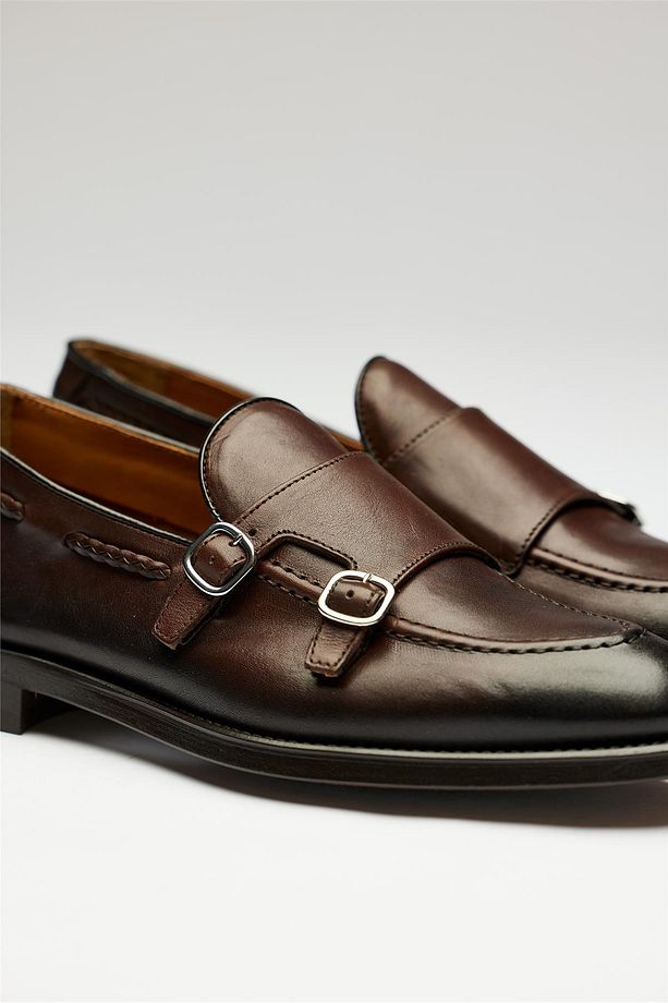 Kahverengi Double Monk Deri Loafer - 6
