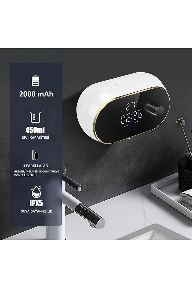 Modern Stil Duvara Monte USB Şarjlı LCD Dijital Ekran Otom. Temassız Sensörlü Köpük Sabunluk 450ml - 3
