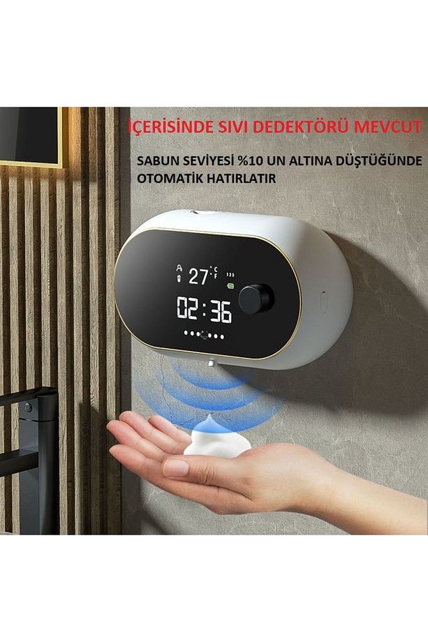 Modern Stil Duvara Monte USB Şarjlı LCD Dijital Ekran Otom. Temassız Sensörlü Köpük Sabunluk 450ml - 7