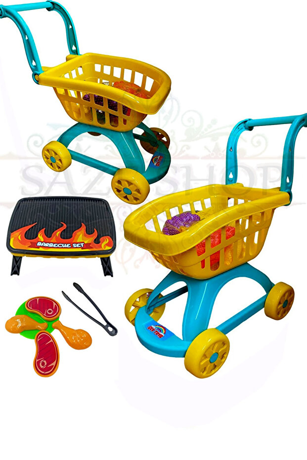 MARKET ARABASI 5 ADET FILEDE MEYVE İLE BİRLİKTE + MANGAL SETİ 2 Lİ SET OYUNCAK ALIŞVERİŞ SETİ - 1