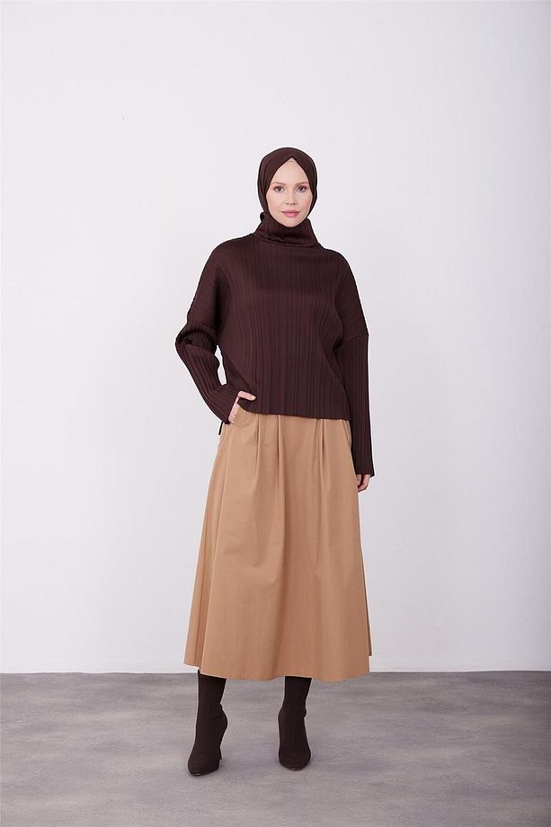 Pliseli Örme Bluz 23k3216 Kahverengi - 3