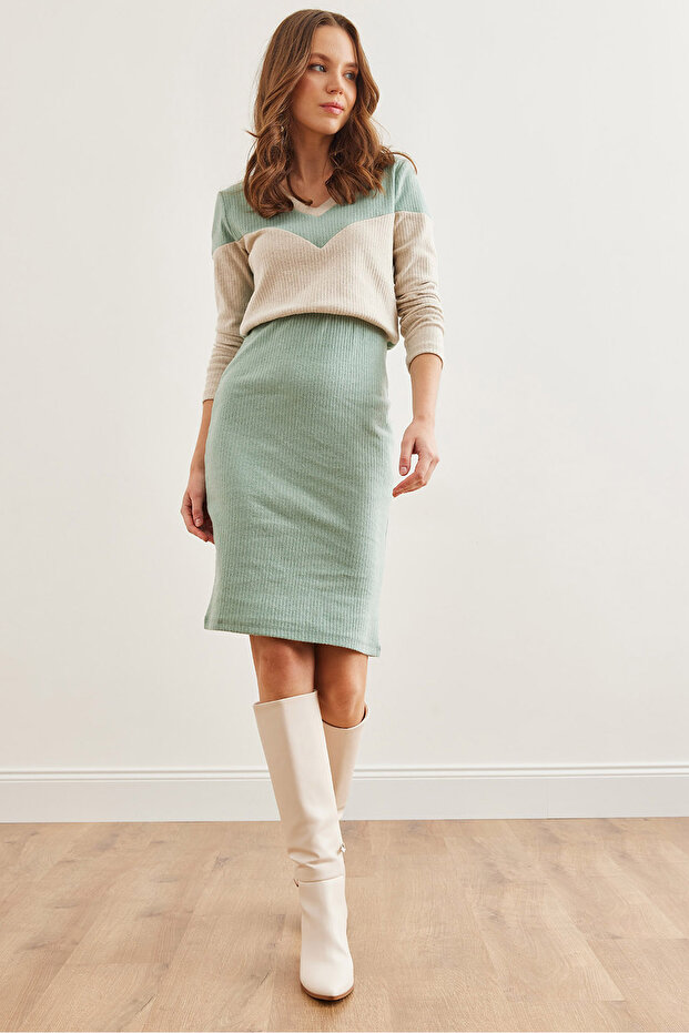 Women's Mint Ecru V-Neck Color-Blocking Raster Stretchy Dress Elb- 19002306