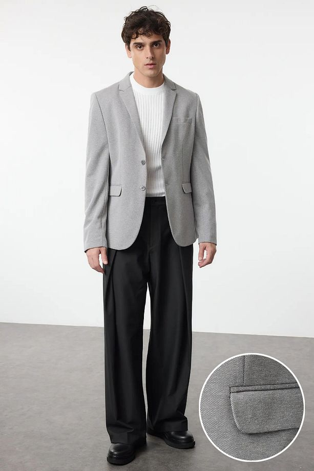 Gri Regular Fit Dokulu Rahat Esnek Kumaş Blazer Ceket TMNAW22CE0235 - 2