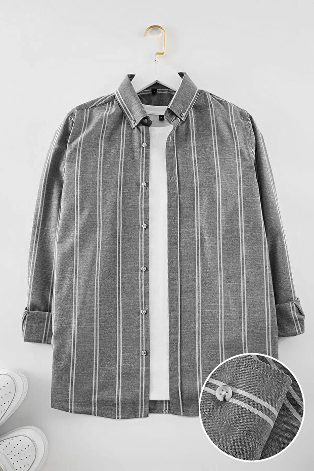Siyah Slim Fit Düğmeli Yaka İnce Çizgili Gömlek TMNSS20GO0092 - 1