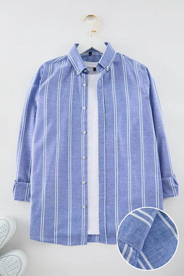 Mavi Slim Fit Düğmeli Yaka İnce Çizgili Gömlek TMNSS20GO0092 - 1