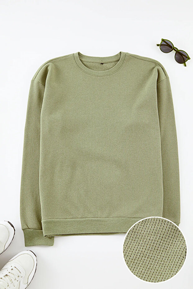 Haki Oversize/Geniş Kesim Bisiklet Yaka Şardonsuz Sweatshirt TMNAW25SW00194 - 1