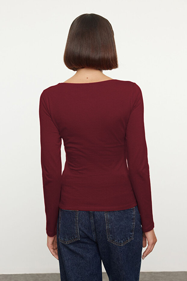 Elastyczna bluzka z bawełny w kolorze claret red z dekoltem w łódkę - dopasowana do ciała, Twoaw24Bz00166 - 4