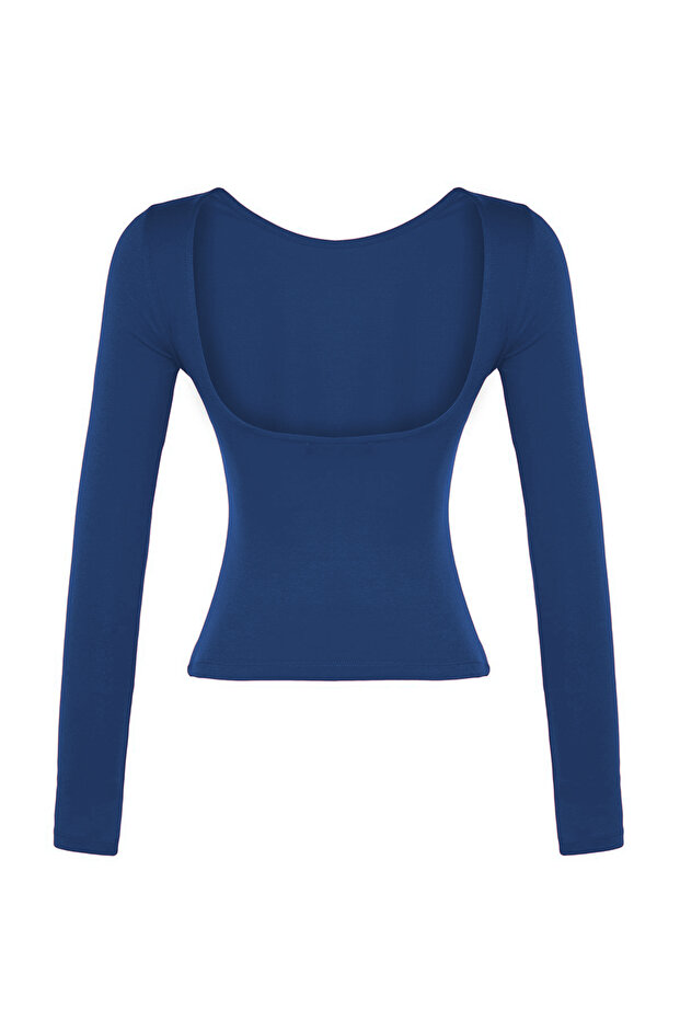İndigo Pamuklu Sırt Dekolteli Fitted/Vücuda Oturan Esne Örme Bluz TWOAW24BZ00160 - 8