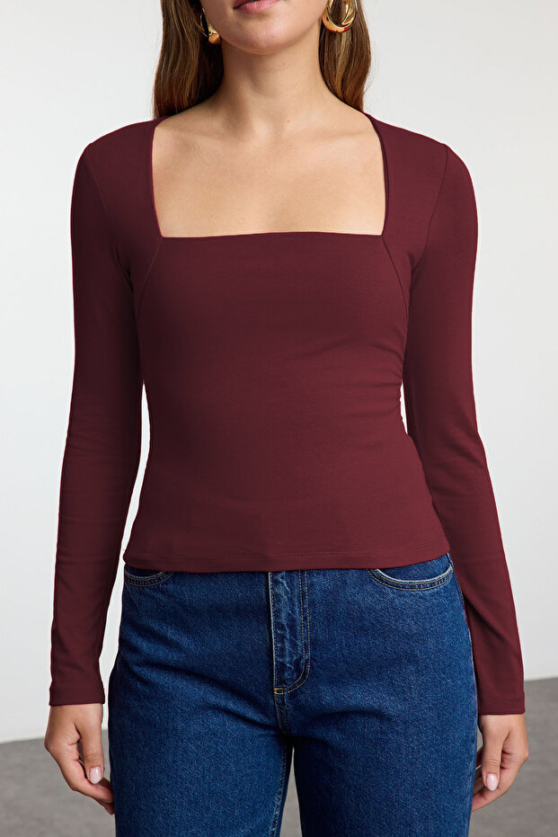 Koyu Bordo Kare Yaka Büzgü/Drape Detaylı Fitted/Vücuda Oturan Örme Bluz TWOAW25BZ00194 - 2