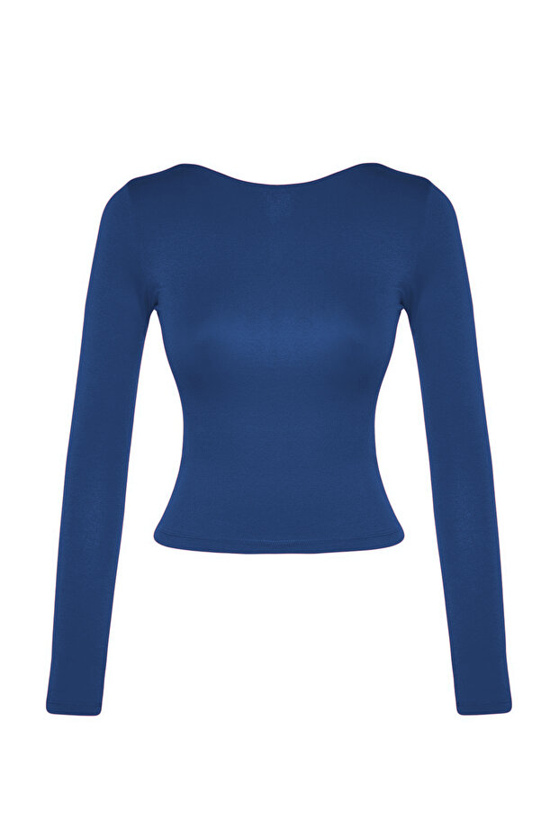 İndigo Pamuklu Sırt Dekolteli Fitted/Vücuda Oturan Esne Örme Bluz TWOAW24BZ00160 - 7