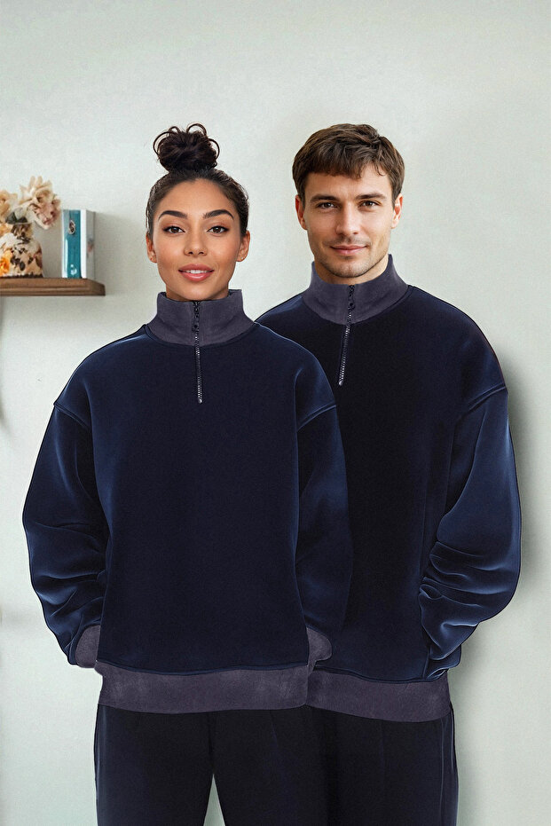 Lacivert Oversize/Geniş Kesim Dik Yaka Renk Blok Anti-pilling Polar Polar Sweatshirt TMNAW24SW00036 - 2