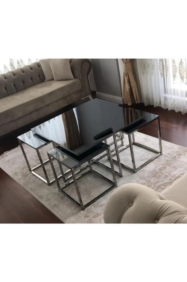 Home Plus 4 1 Gümüş Krom Kaplama Siyah Cam Kare Pizza Orta Sehpa - 1