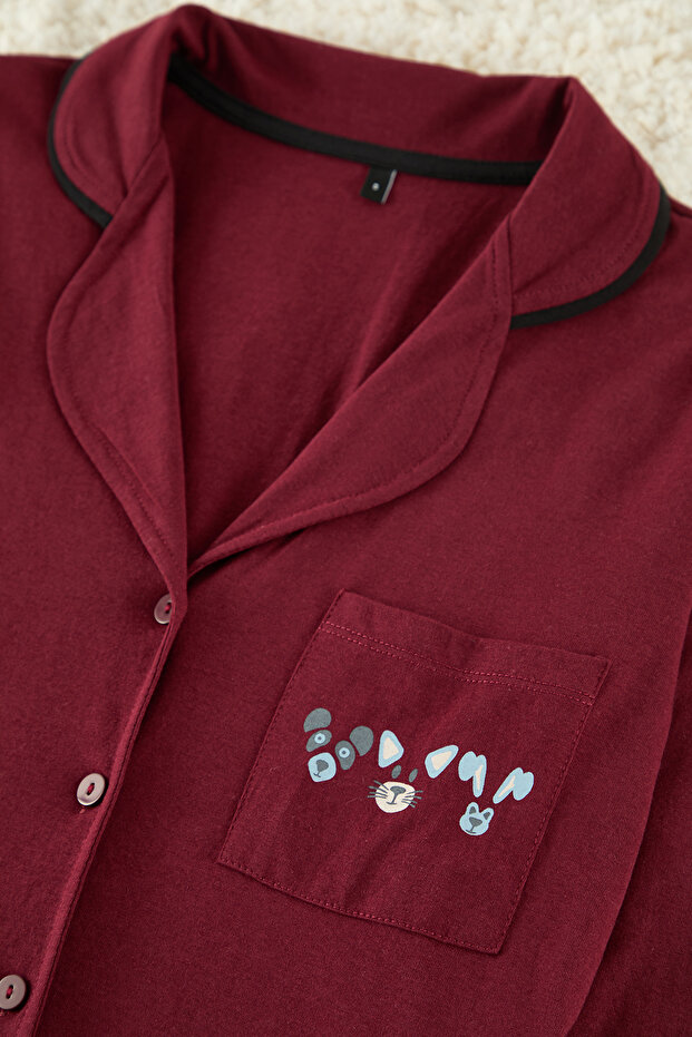 Bordo %100 Pamuklu Biye ve Cep Detaylı Baskılı Örme Pijama Takımı THMAW22PT0785 - 3