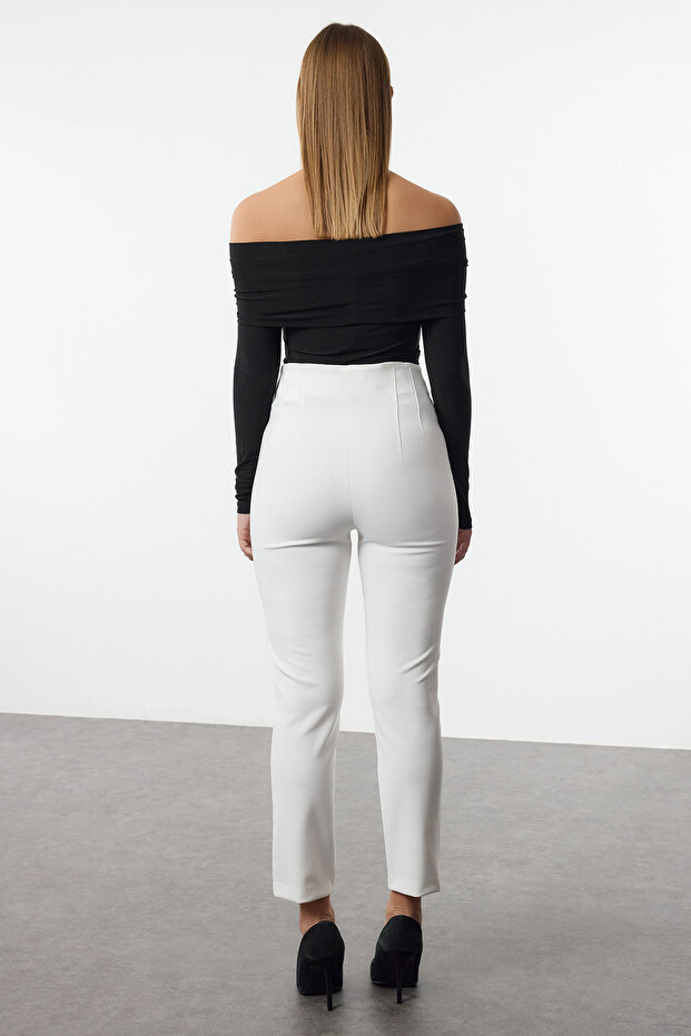 Fehér cigarettaforma, magas derekú, bokáig érő szőtt szövetnadrág TWOSS20PL0515 - 5