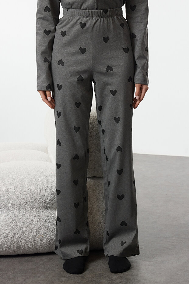 Gri %100 Pamuklu Kalp Desenli Örme Pijama Takımı THMAW21PT0548 - 4