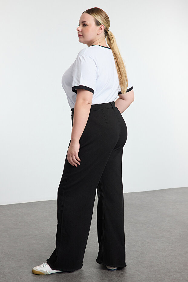Siyah Yüksek Bel Geniş Paça %100 Pamuk Büyük Beden Wide Leg Jeans TBBAW25CJ00001 - 5