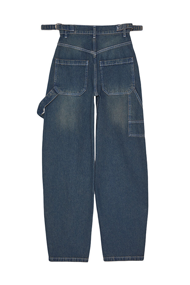 Tartósabb, sötétkék mosott hatású, bő szabású, magas derekú, laza farmernadrág TWOAW24JE00308 - 12